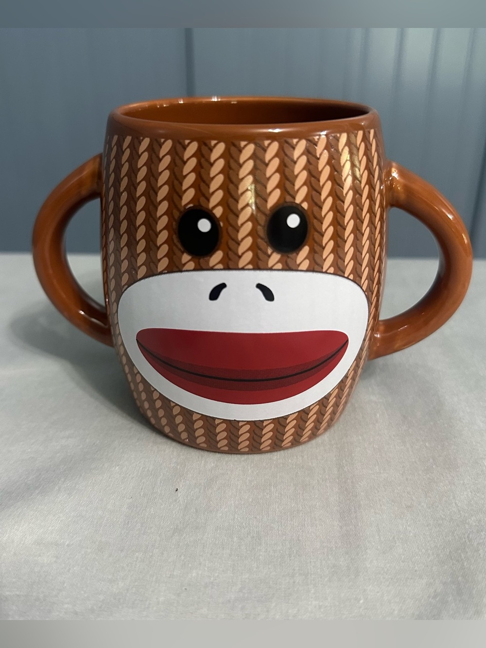 Galerie Sock Monkey Double Handle Mug Coffee Cup Brown Knit Pattern Ceramic